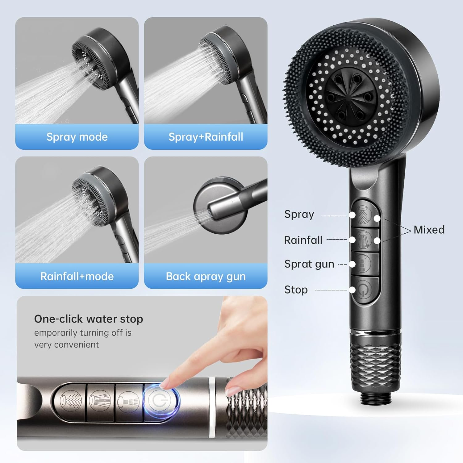 Handheld Shower Head with Filter, High Pressure 4 Spray Mode Showerhead with 59" Hose,Showerhead with ON/Off Switch for Clean Tub, Tile & Pets (Grey)