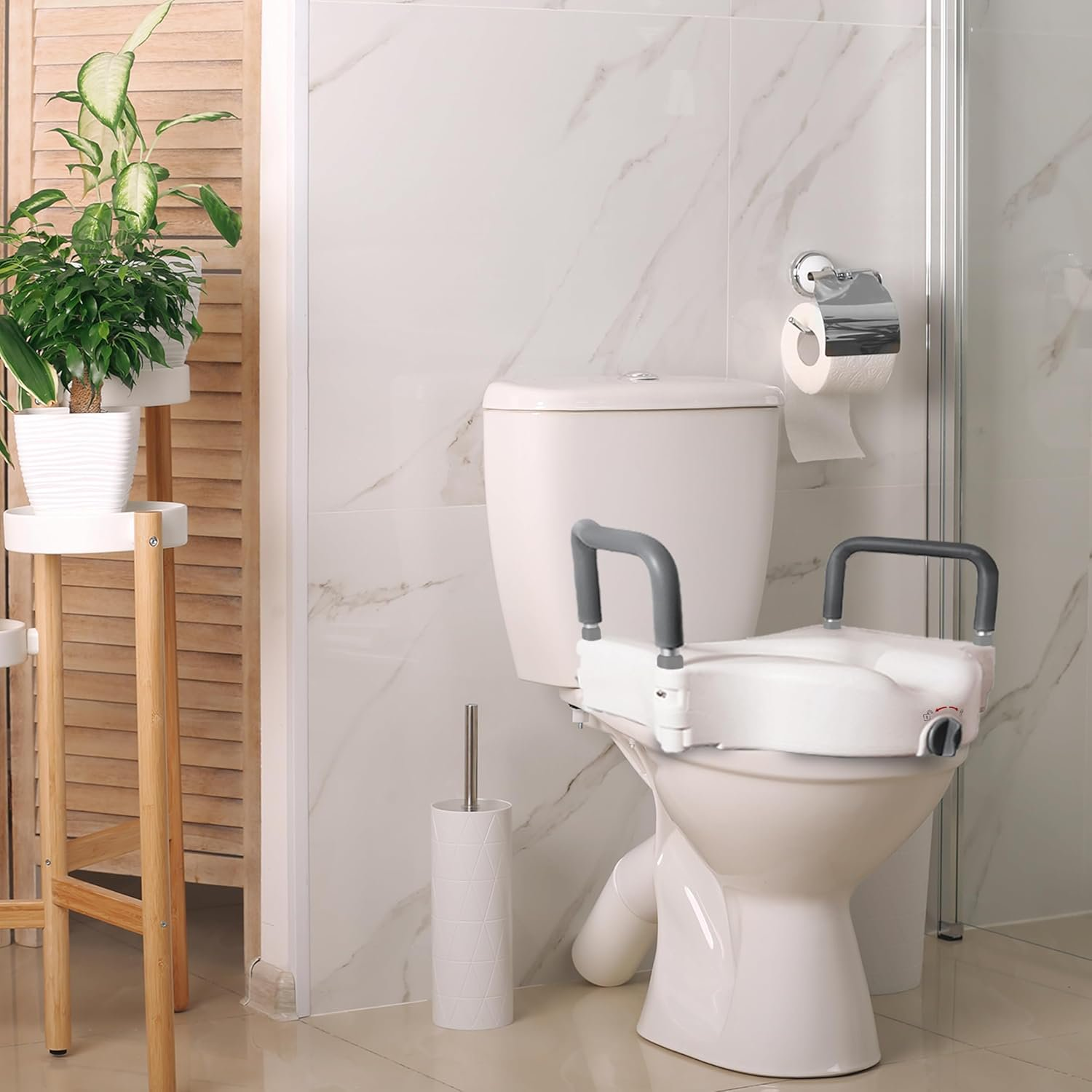 Raised Toilet Seat and Elevated Commode Booster Seat Riser with Removable Padded Grab Bar Handles & Locking Mechanism