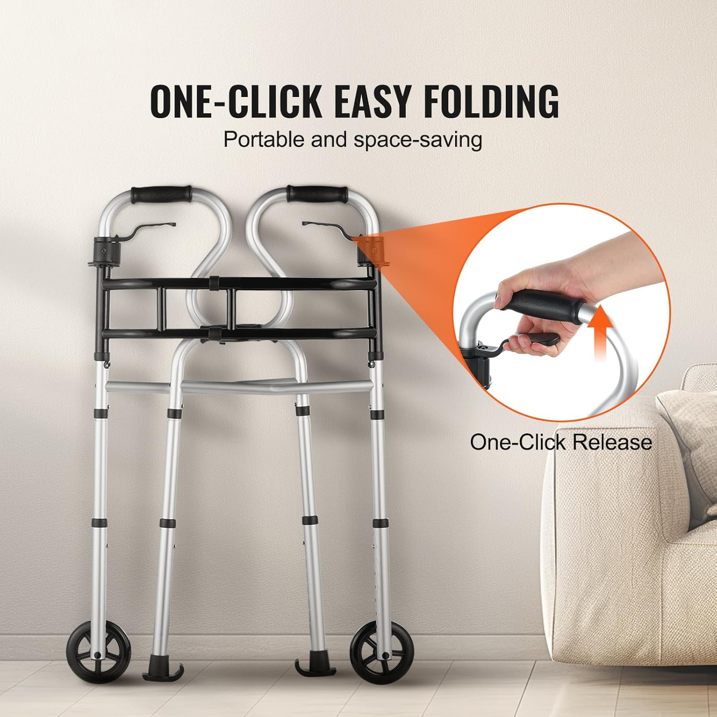 Folding Walker on Wheels, 3-in-1 Stand-Assist Folding Walkers with Adjustable Height and Width