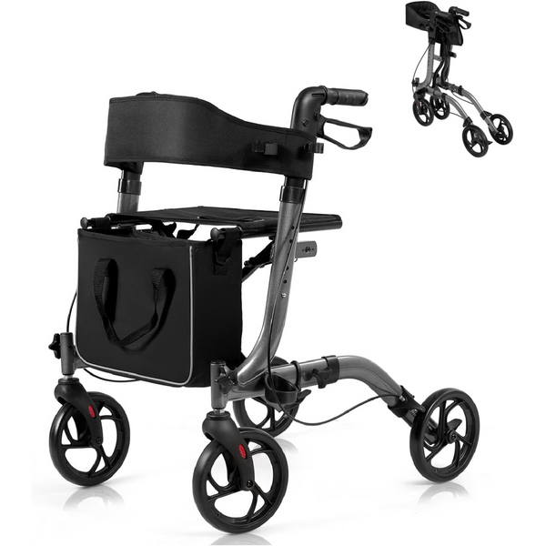 Lightweight Folding Rollator, Aluminium 4 Wheeled Walker with Wide Seat, Height Adjustable Handle and Detachable Storage Bag, Mobility Walking Aid for Elderly Disabled (Gray)