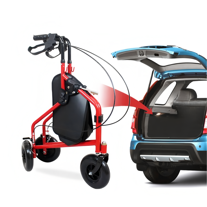 Red Folding Light Weight 3 Wheeled Tri Walker Rollator Mobility Aid with Carry Bag and Lockable Brakes for Indoor and Outdoor use