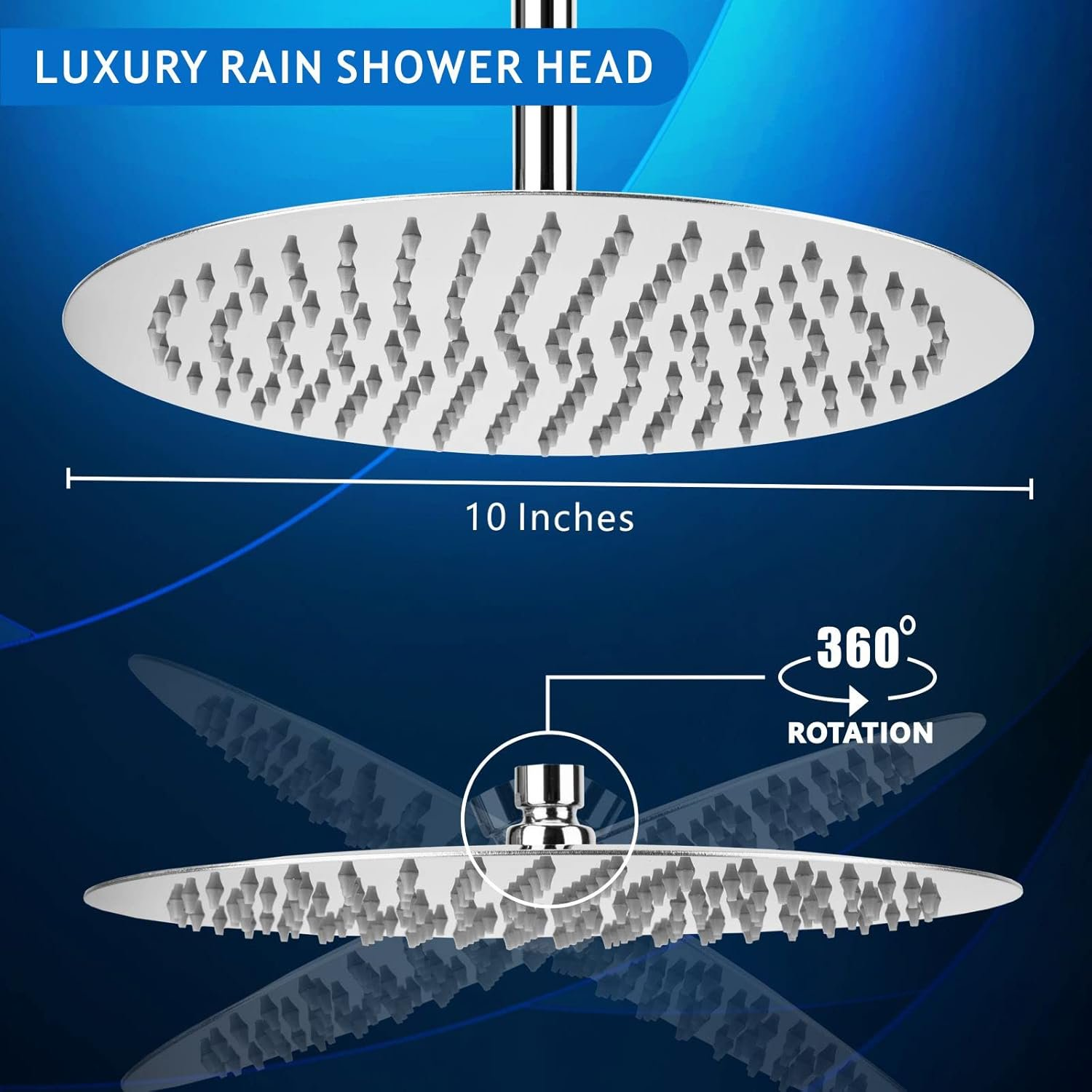 Rain Shower Head, 10" Round High Pressure Shower Heads, 304 Stainless Steel Luxury Modern Chrome Look, Universal Wall and Ceiling Mount