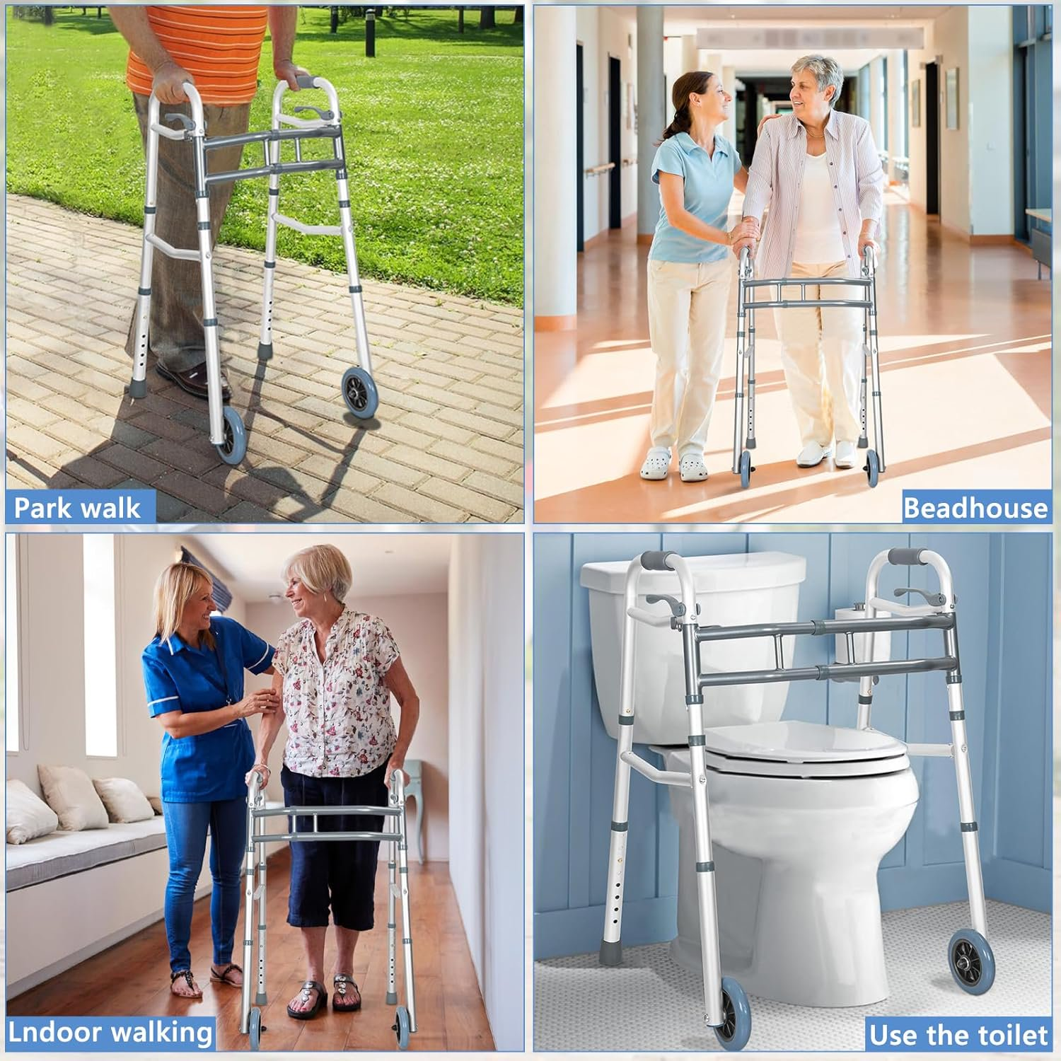 Folding Walking Frame with 2 Wheels, Adjustable Height Aluminium Walker Mobility Aid Stability Walker
