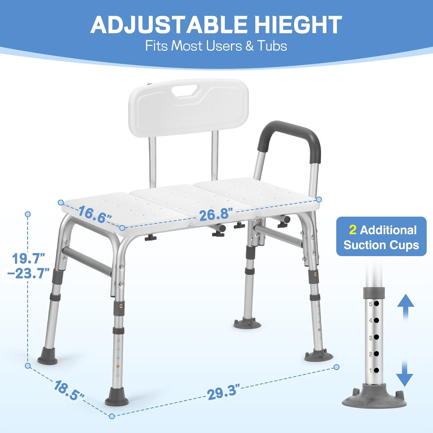 Tub Transfer Bench for Bathtub, 500lb Compact Shower Chair with Backrest & Padded Armrest, Height Adjustable Shower Bench with Suction Cups, Shower Seat for Elderly and Disabled