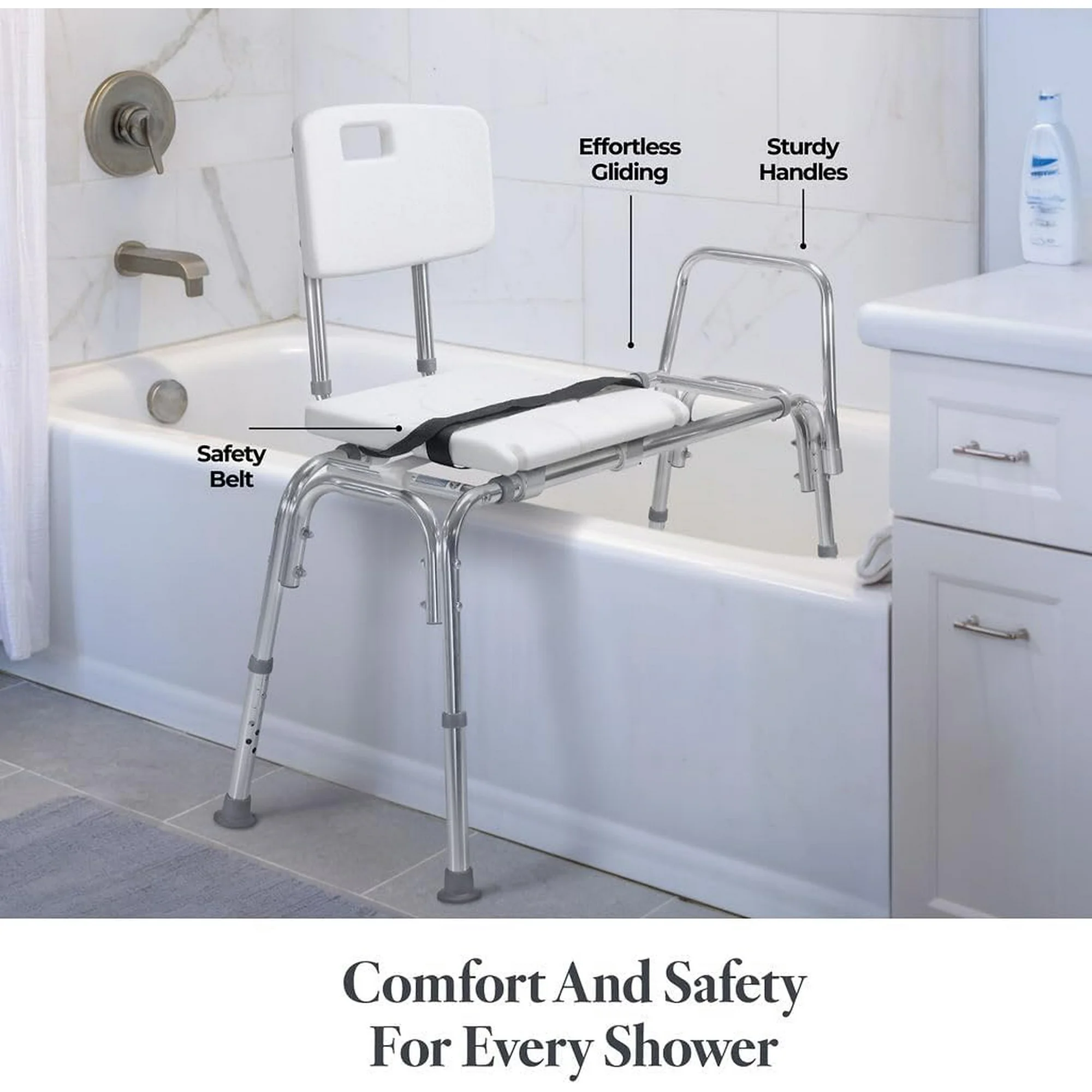 Sliding Shower Transfer Bench Transfer Bench for Bathtub Shower Chair for Inside Shower Shower Chair for Elderly and Disabled Adjustable Height Shower Bench Holds Weight Up to 400 Lbs