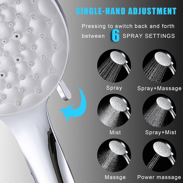 Shower Head and Hose, High Pressure Shower Heads with Hose Set 1.5M Water Saving Handheld Shower Head with 6 Spray Modes Adjustable, Universal Large Power ShowerHead for Home Gym Spa Massage