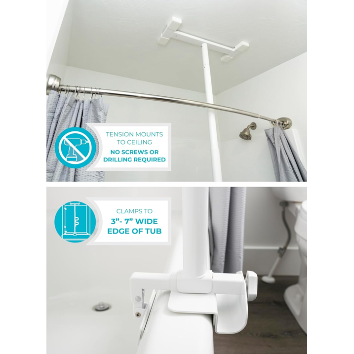 Bathtub Pole, Security-Pole and Curve Grab Bar, Adjustable Shower Handle for Bathtubs, Clamp on Bathroom Safety Rail for Seniors, Elderly Adults, No Drill Installation, White