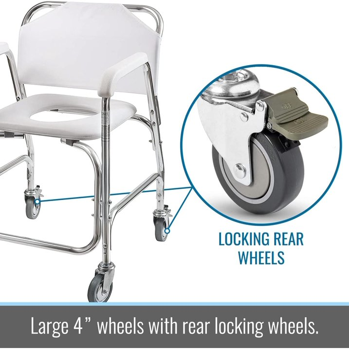 Rolling Shower Chair, Commode, Transport Chair, Rolling Bathroom Wheelchair for Handicap, Elderly, Injured or Disabled, Rear Locking Wheels, 250 lb. Weight Capacity, White