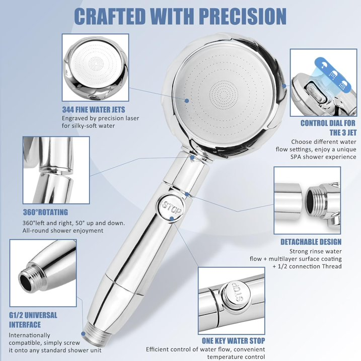 Shower Head, High Pressure Shower Head and Hose 2m Set, Portable Adjustable Water Saving Shower Heads Universal Replacements