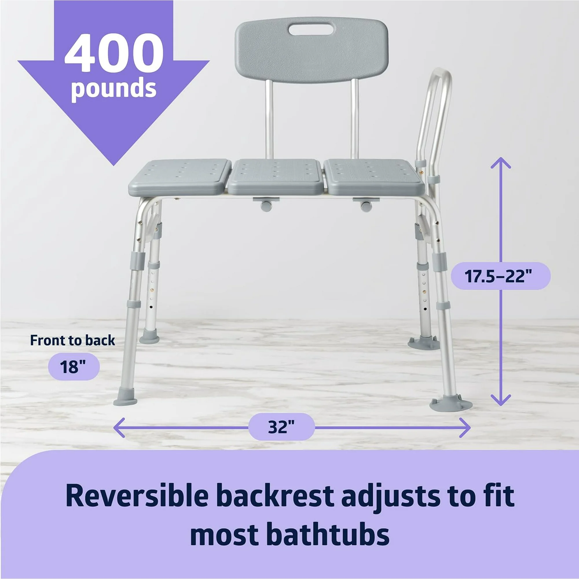 Transfer Bench for Bathtubs and Showers, Adjustable Shower Bench and Bath Seat for Seniors and Adults, Slip-Resistant Feet, Heavy-Duty 400 lb. Weight Capacity, Tool-Free Assembly