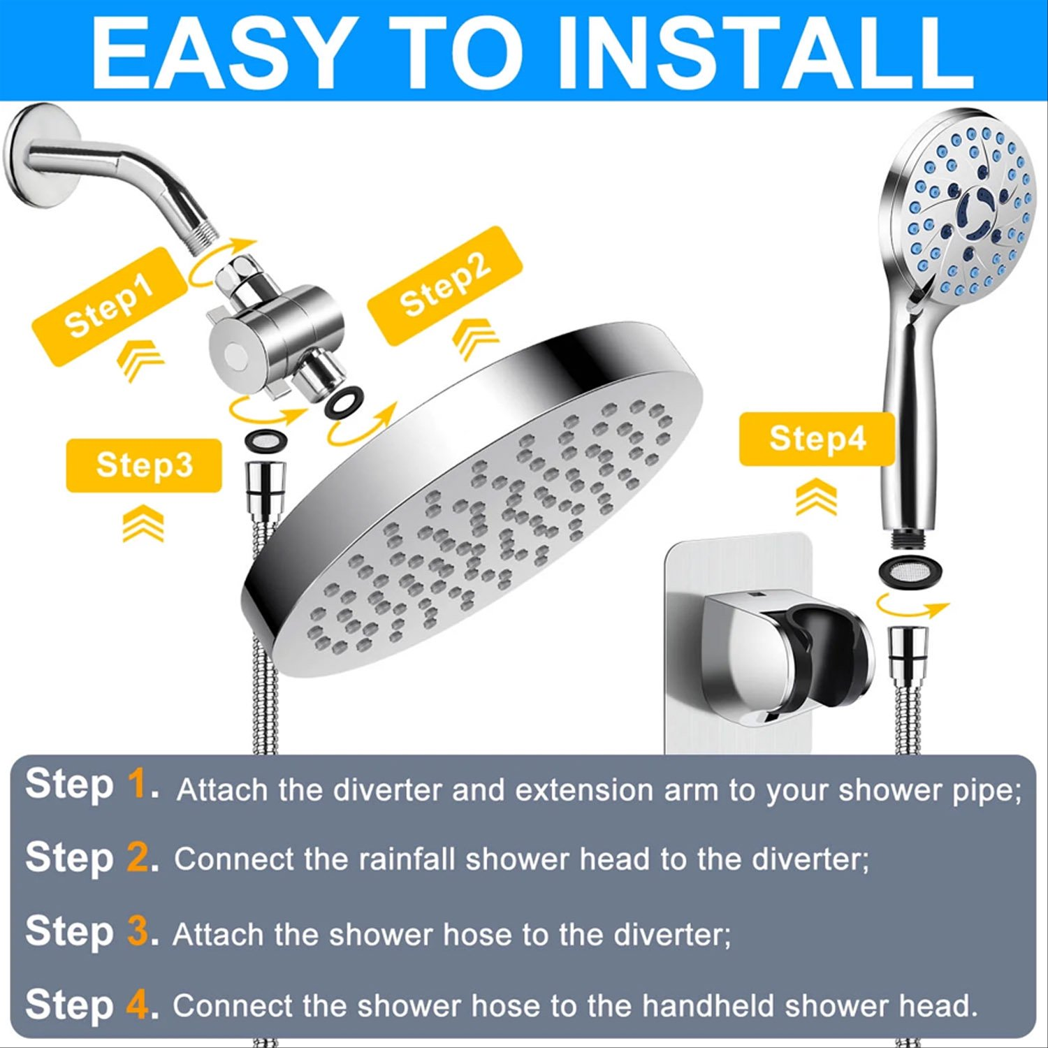 Shower Head, 8" High Pressure Rain Showerhead Combo, Adjustable Stainless Steel Polished Chrome Rain Shower Head with Durable Nozzles