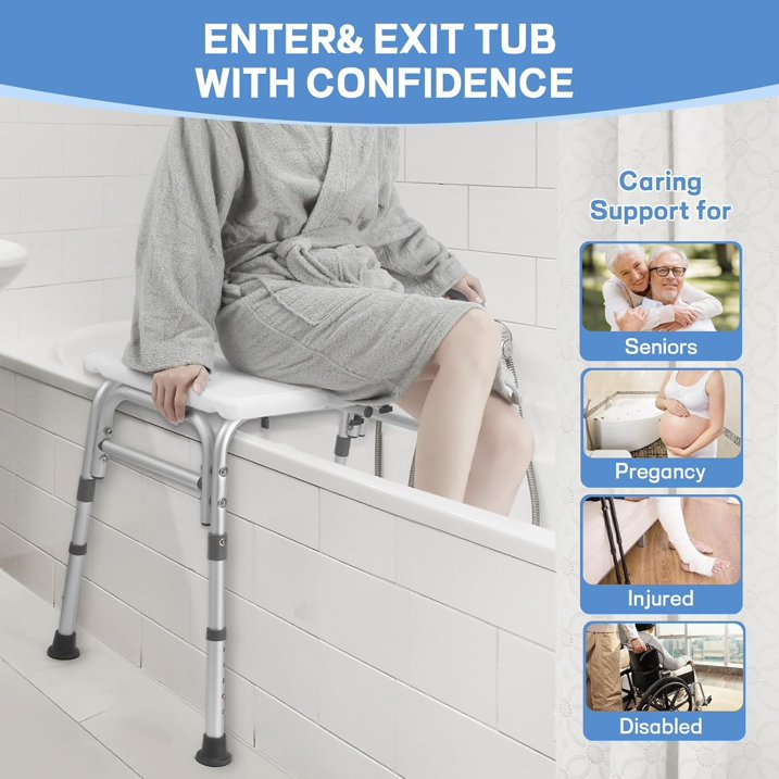 Tub Transfer Bench for Bathtub, 500lb Compact Shower Chair with Backrest & Padded Armrest, Height Adjustable Shower Bench with Suction Cups, Shower Seat for Elderly and Disabled