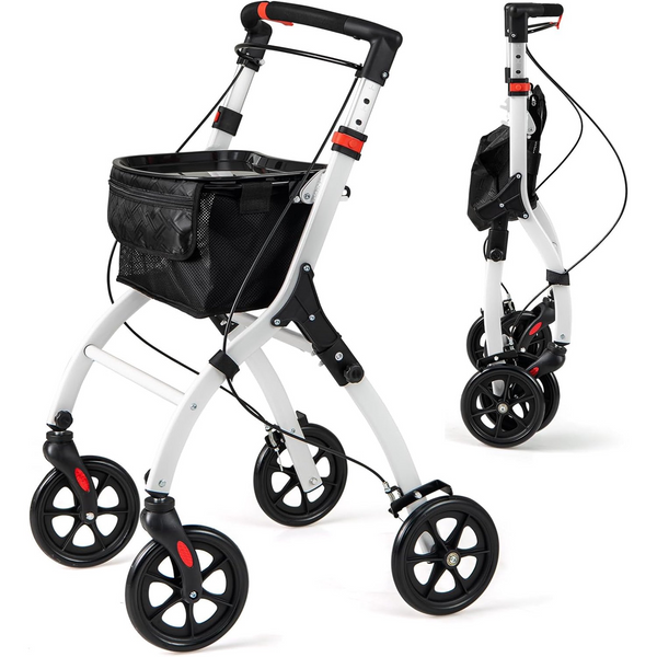 4 Wheel Folding Rollator Walker, Lightweight Wheeled Walking Aid with Removable Tray, 4 Wheels, Brakes, Height Adjustable Mobility Walker for Elderly Disabled