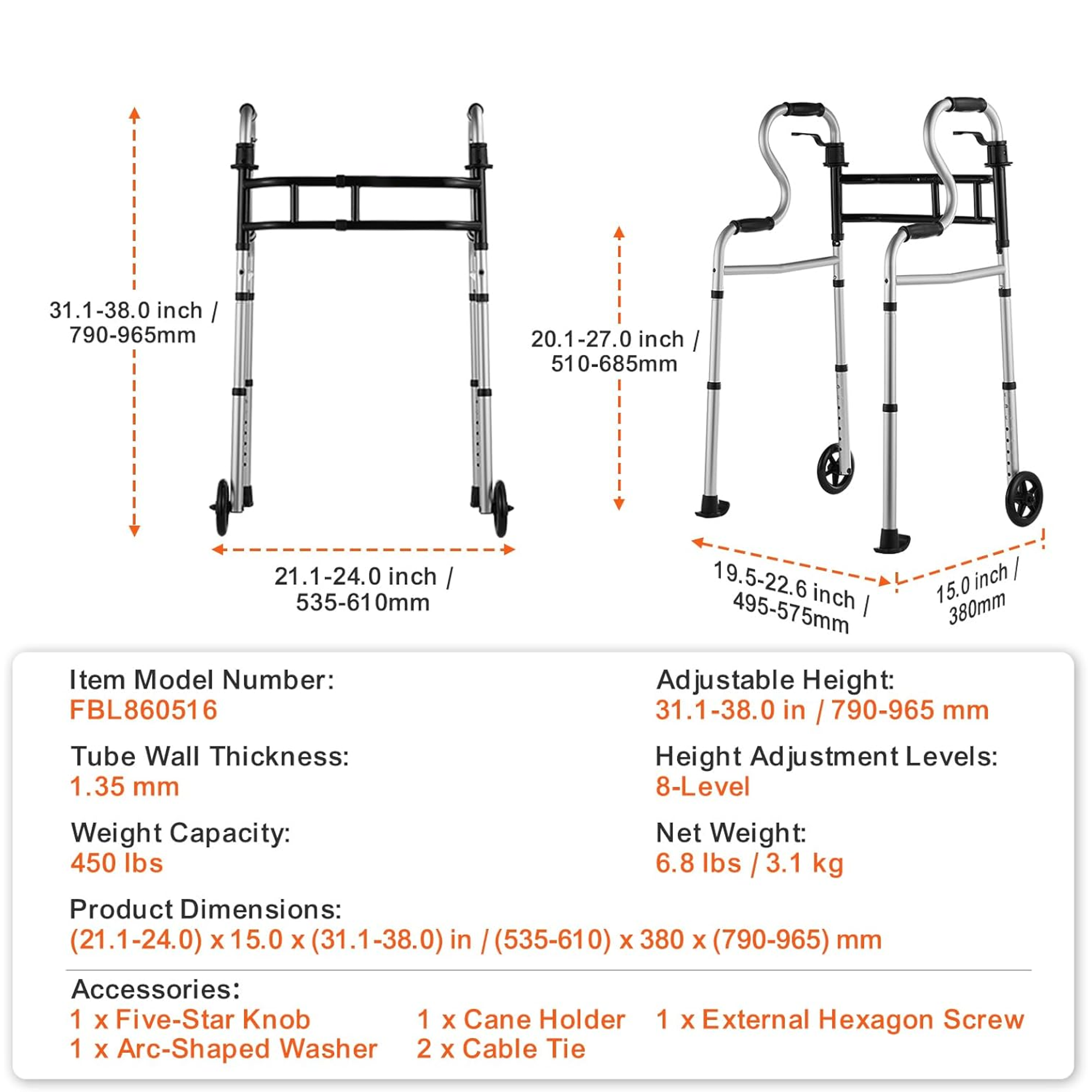 Folding Walker on Wheels, 3-in-1 Stand-Assist Folding Walkers with Adjustable Height and Width