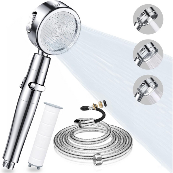 Shower Head Set, 3 Modes Handheld Filter Shower Heads with Stainless Steel Hose 2M Powerful Shower Heads Less Water Up to 40%, Bathroom Accessory for Low Water Pressure