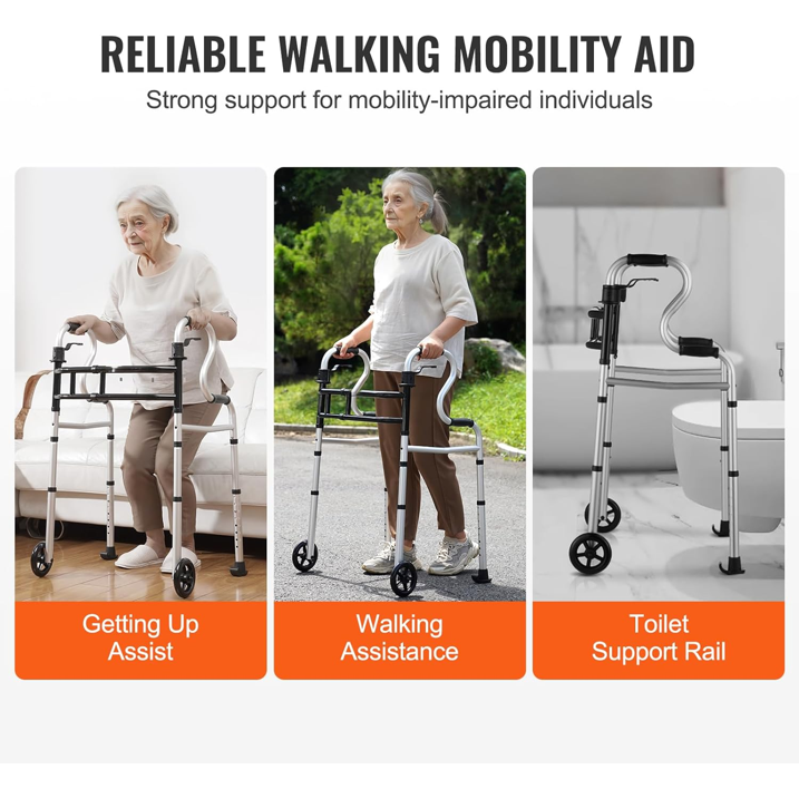 Folding Walker on Wheels, 3-in-1 Stand-Assist Folding Walkers with Adjustable Height and Width