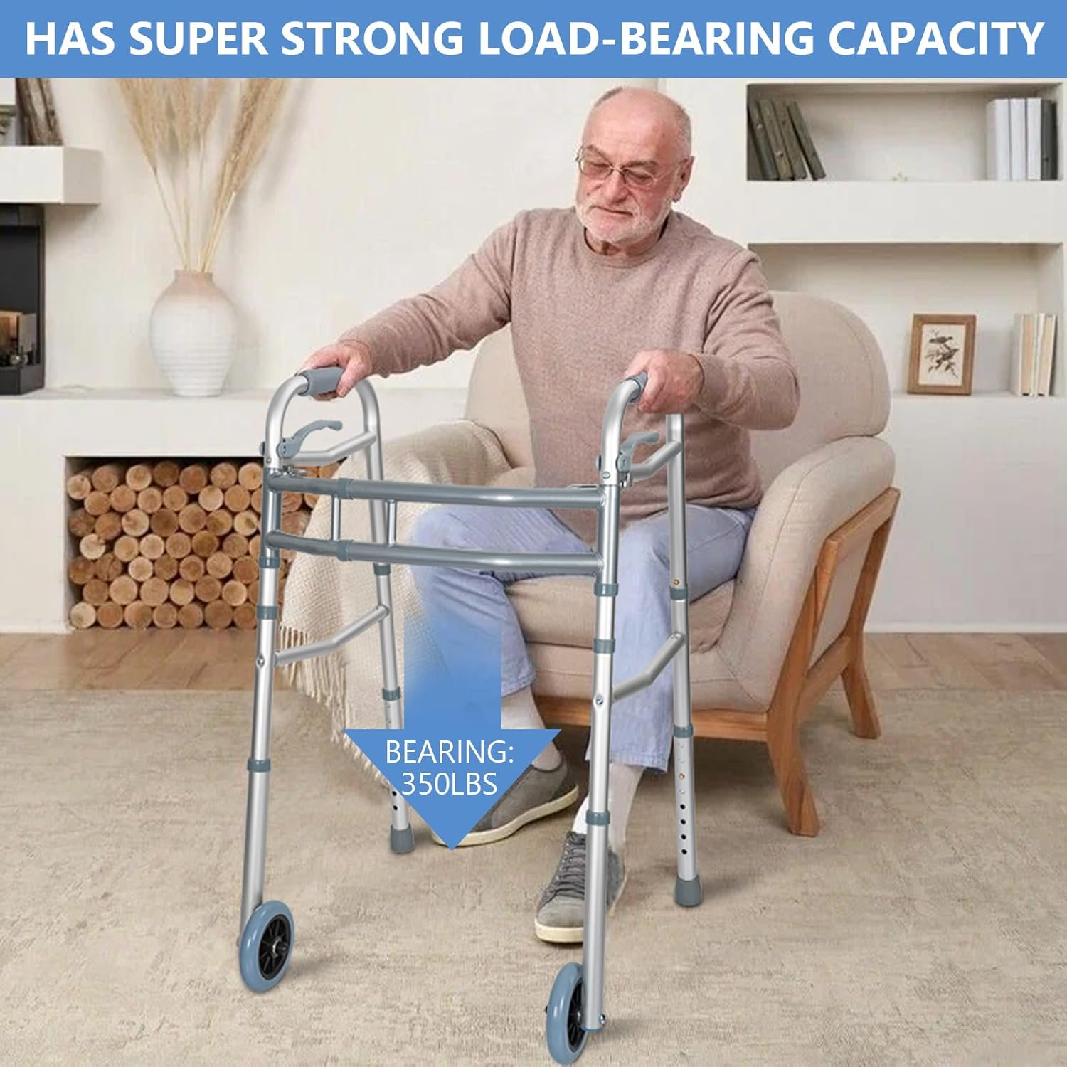 Folding Walking Frame with 2 Wheels, Adjustable Height Aluminium Walker Mobility Aid Stability Walker