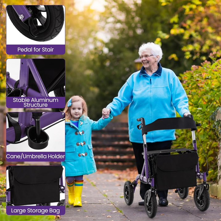 Foldable Rollator, Height Adjustable Rolling Walker with Seat, 24CM All Terrain Wheel, Storage Bag, Lightweight Walking Aid Frame for for Elderly & Disabled, 160 KG Weight Capacity (Purple)