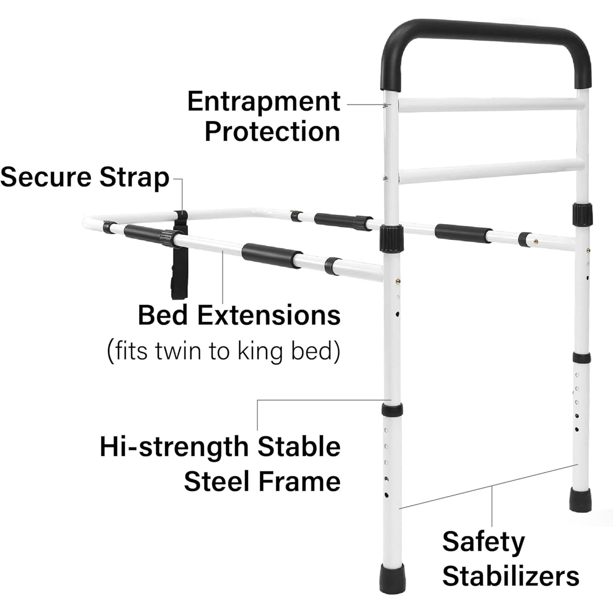 New Adjustable Bed Assist Rail Handle and Hand Guard Grab Bar, Bedside Safety and Stability (Tool-Free Assembly), White/Black