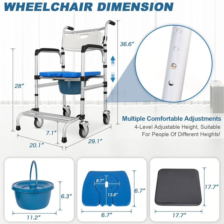 Portable Commode Chair with Wheels for Elderly and Pregnant Women, Senior Care Shower Seat