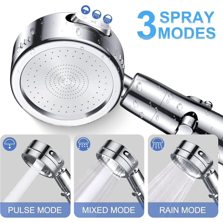 Shower Head Set, 3 Modes Handheld Filter Shower Heads with Stainless Steel Hose 2M Powerful Shower Heads Less Water Up to 40%, Bathroom Accessory for Low Water Pressure