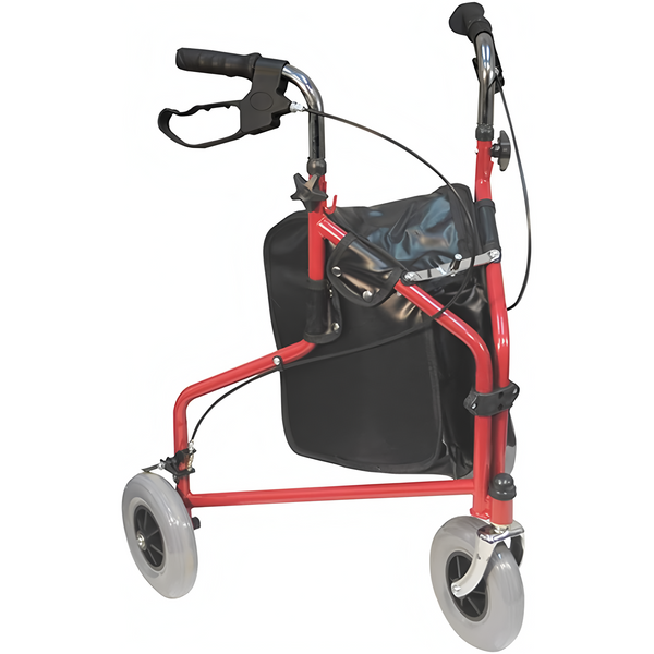 Red Folding Light Weight 3 Wheeled Tri Walker Rollator Mobility Aid with Carry Bag and Lockable Brakes for Indoor and Outdoor use