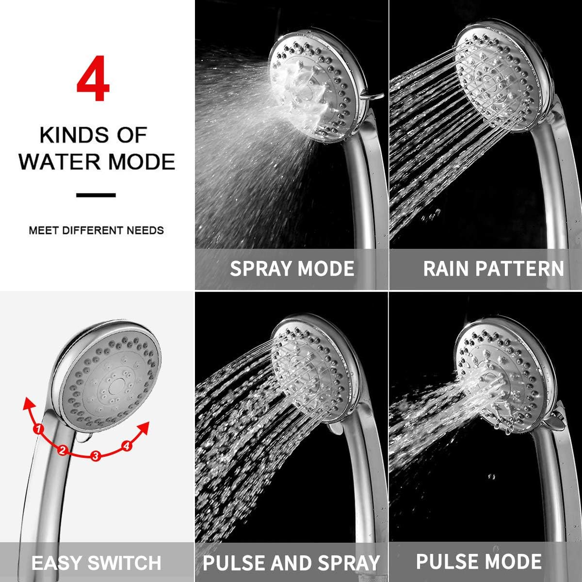 Shower Head, Turbocharged Design High Pressure 4 Spray Settings with Hose Adjustable Massage Spa Hand Held Showerhead,Chrome