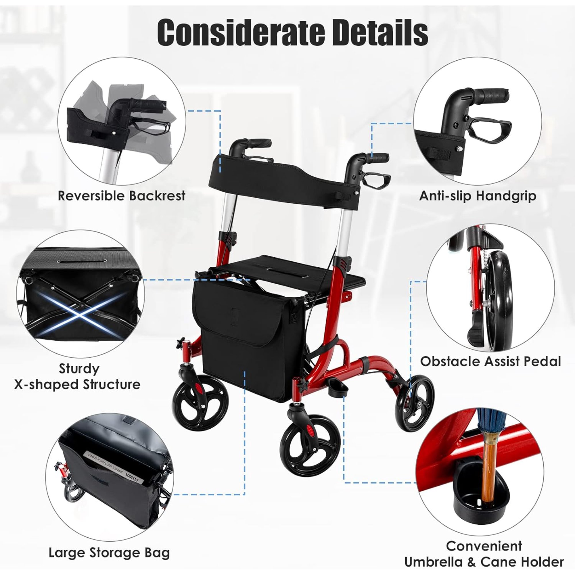 Rollator Walkers, 4 Wheels Folding Medical Walking Aid with Seats, Adjustable Handle and Storage Bag, Lightweight Walking Frame for The Elderly & Disabled (Red)
