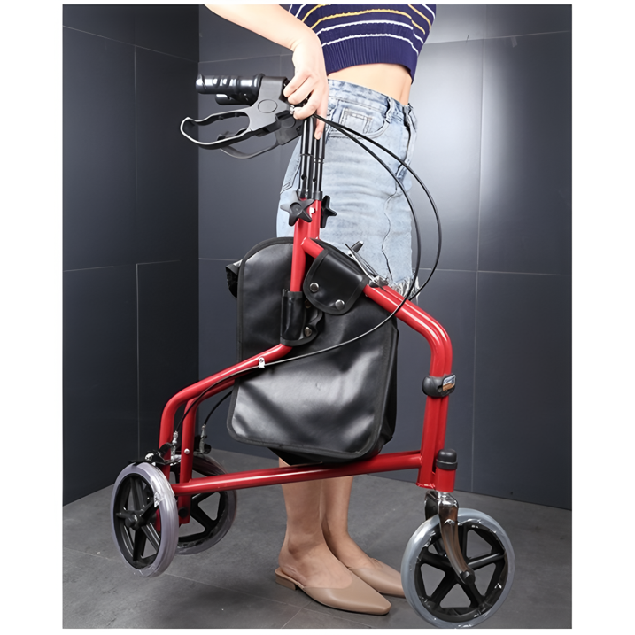 Red Folding Light Weight 3 Wheeled Tri Walker Rollator Mobility Aid with Carry Bag and Lockable Brakes for Indoor and Outdoor use