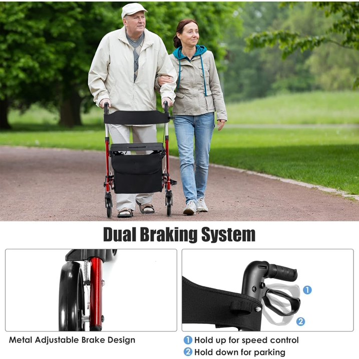 Rollator Walkers, 4 Wheels Folding Medical Walking Aid with Seats, Adjustable Handle and Storage Bag, Lightweight Walking Frame for The Elderly & Disabled (Red)