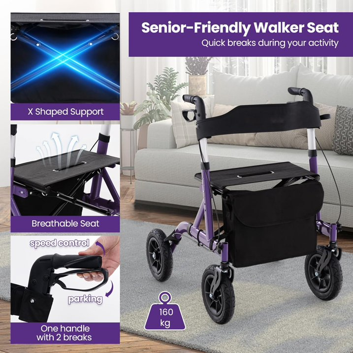 Foldable Rollator, Height Adjustable Rolling Walker with Seat, 24CM All Terrain Wheel, Storage Bag, Lightweight Walking Aid Frame for for Elderly & Disabled, 160 KG Weight Capacity (Purple)