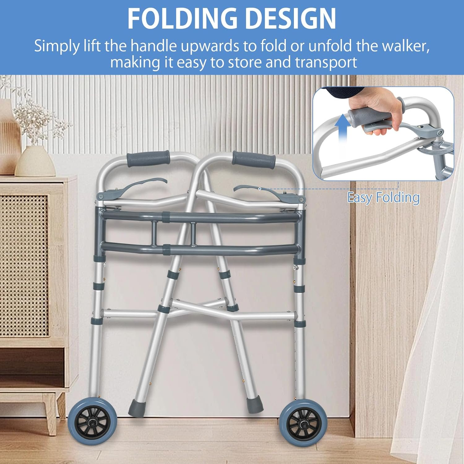 Folding Walking Frame with 2 Wheels, Adjustable Height Aluminium Walker Mobility Aid Stability Walker