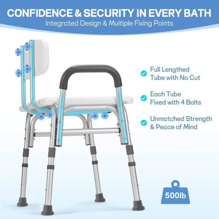 Tub Transfer Bench for Bathtub, 500lb Compact Shower Chair with Backrest & Padded Armrest, Height Adjustable Shower Bench with Suction Cups, Shower Seat for Elderly and Disabled