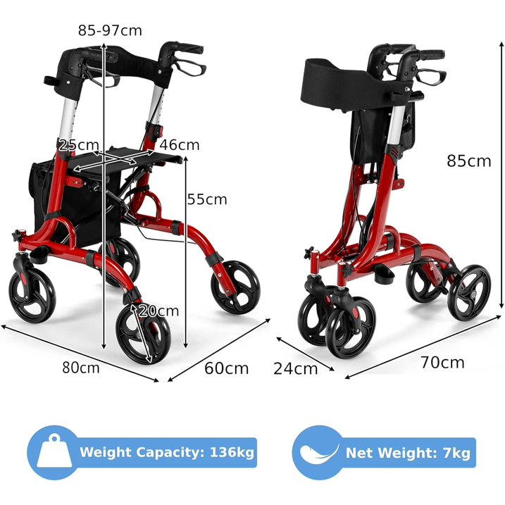 Rollator Walkers, 4 Wheels Folding Medical Walking Aid with Seats, Adjustable Handle and Storage Bag, Lightweight Walking Frame for The Elderly & Disabled (Red)