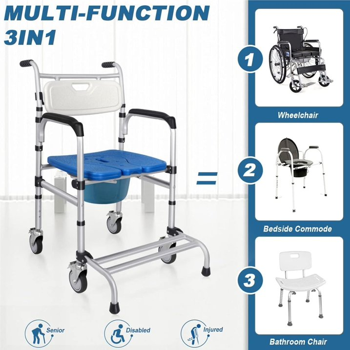 Portable Commode Chair with Wheels for Elderly and Pregnant Women, Senior Care Shower Seat