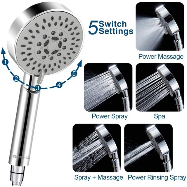 Bathroom 5 Function Handheld Shower Head with Extra Long Hose (2 meter, 78.75inches) and Adjustable Bracket Holder