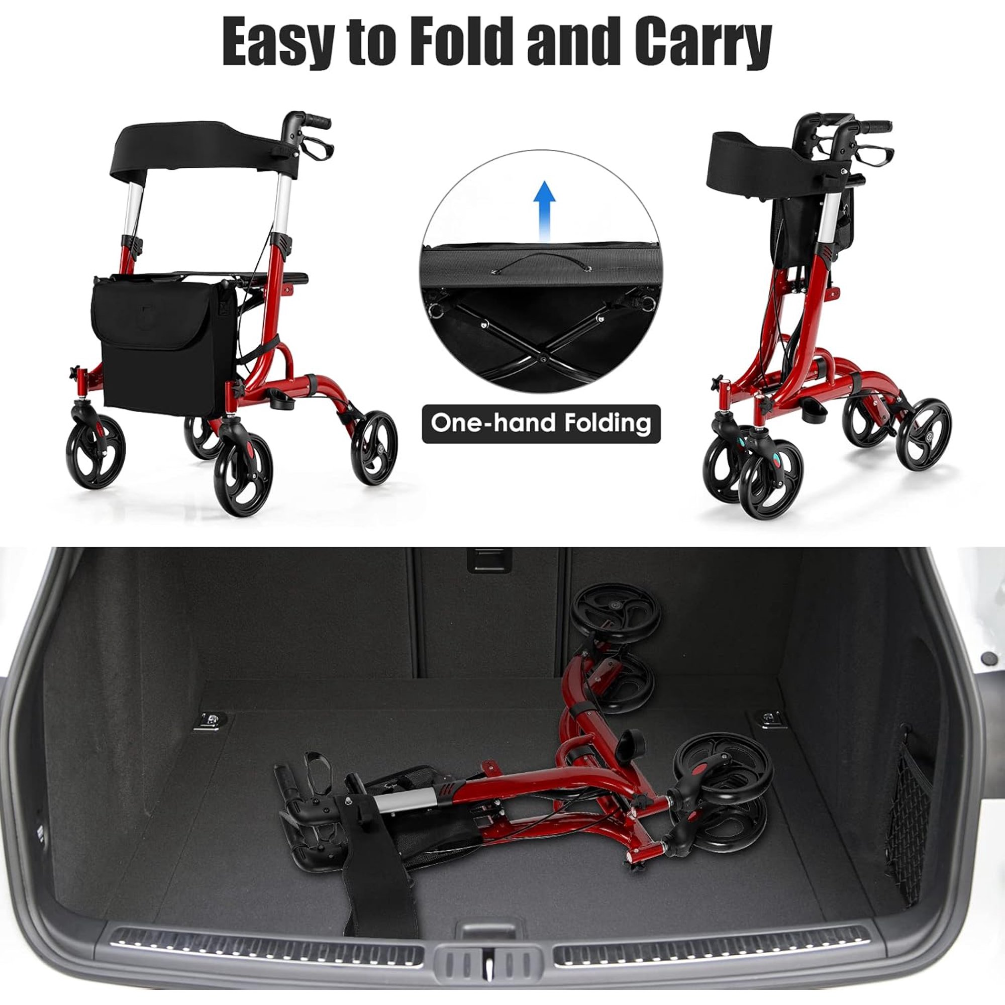 Rollator Walkers, 4 Wheels Folding Medical Walking Aid with Seats, Adjustable Handle and Storage Bag, Lightweight Walking Frame for The Elderly & Disabled (Red)