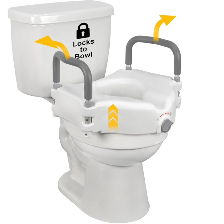 Raised Toilet Seat and Elevated Commode Booster Seat Riser with Removable Padded Grab Bar Handles & Locking Mechanism